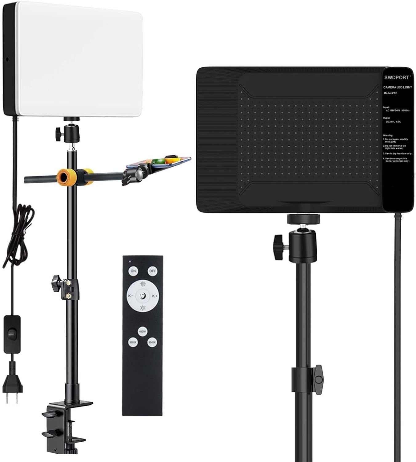 LED Desk Bi-Color Video Light Key Light Studio Streaming Lights Panel Light with Desk Clamp C-Clamp Stand Overhead Phone Mount 3800K-6500K Wireless Remote Studio Photography Lighting for Gaming Zoom