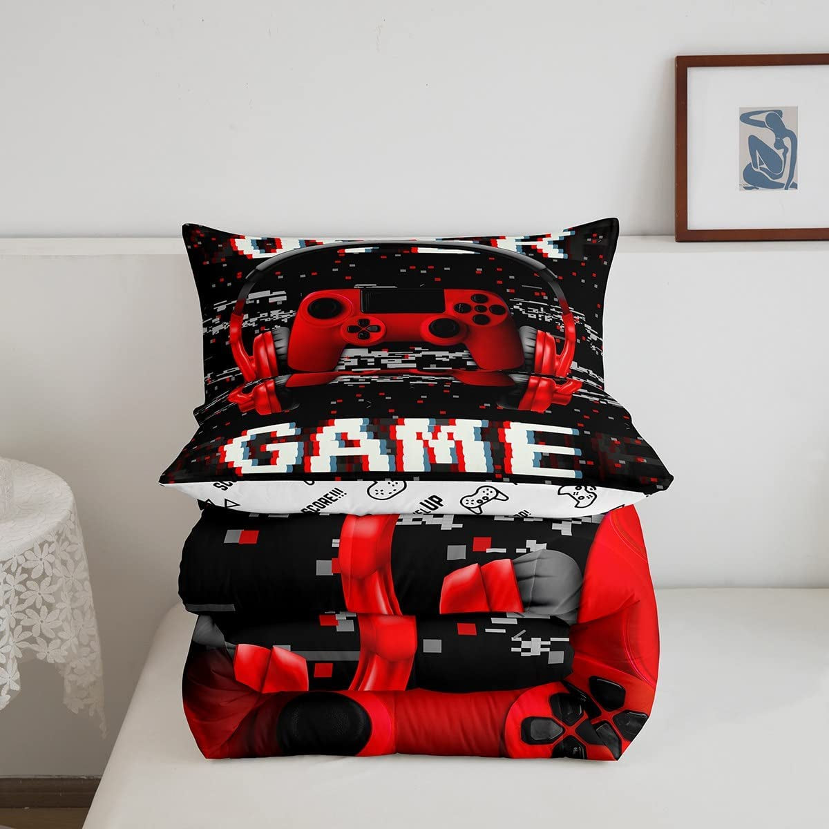 Teens Video Games down Comforter 3D Headset Headphones Gamepad Bedding Set, Kids Boys Music Themed Gamer Comforter/Quilt Set, Gaming Controller Bedspread, Bedroom Decor Twin Size, Red Black