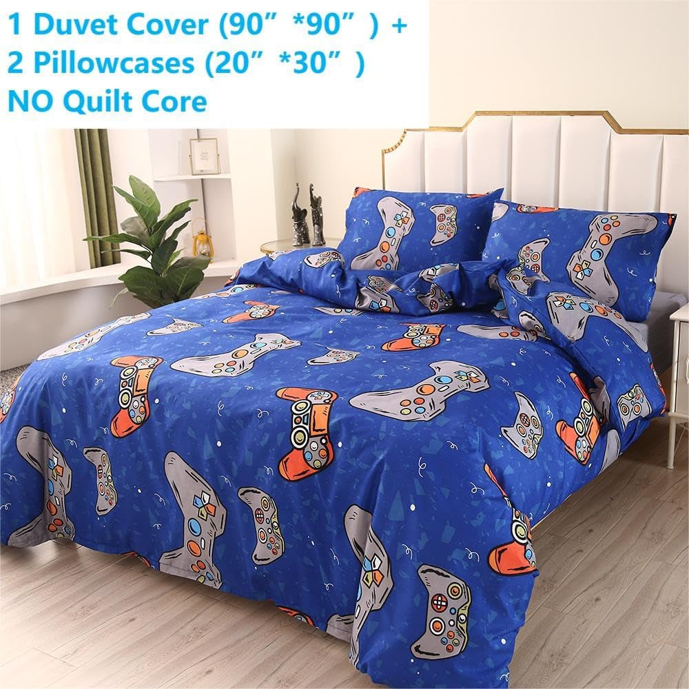 3PCS Blue Gamer Duvet Cover Set Queen, 1 Duvet Cover and 2 Pillowcases, Gaming Bedding with Corner Ties and Zipper Closure, Soft Microfiber, Cute Duvet Cover Set for Kids, Boys and Girls, Queen