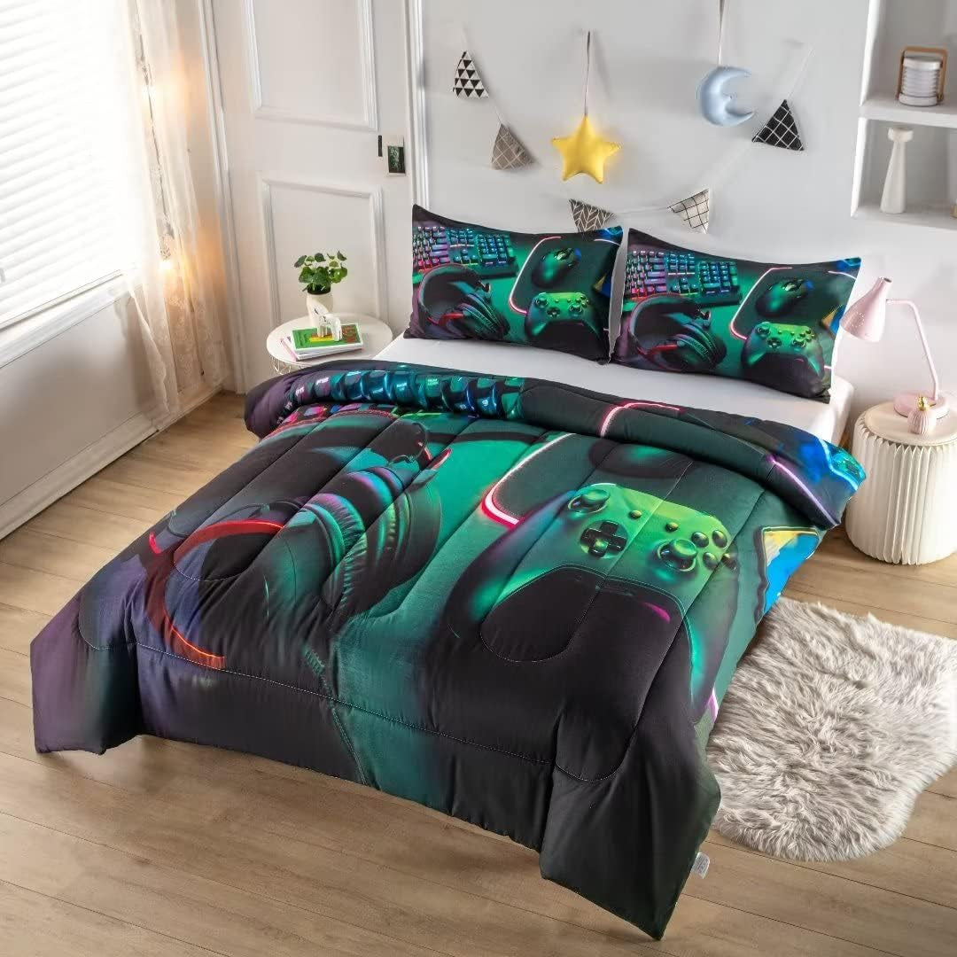 Gamer Comforter Sets for Teen Boys,Gaming Bedding Sets Twin,Video Game Bedspread,Game Gamepad Bed Set,Controller Bedding Gamer Home Decor 3 Piece 1 Comforter and 2 Pillowcases