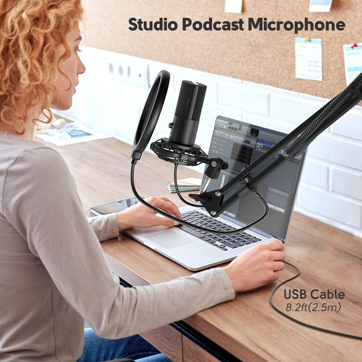 Studio Condenser USB Microphone Computer PC Microphone Kit with Adjustable Boom Arm Stand Shock Mount for Instruments Voice Overs Recording Podcasting Youtube Vocal Gaming Streaming-T669