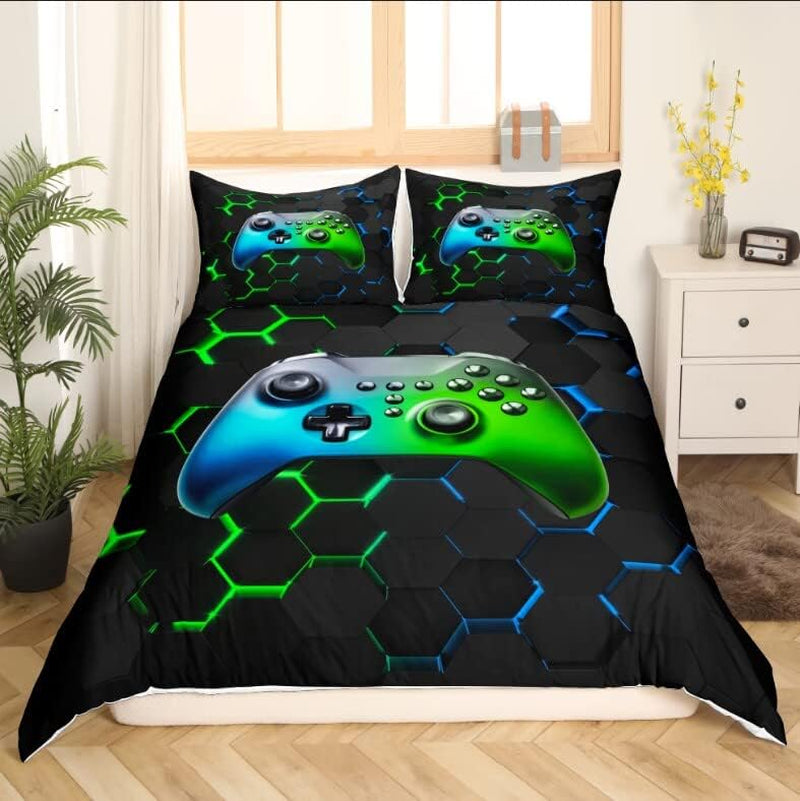 Boys Gamer Soft Reversible Duvet Cover,Kids Gaming Gamepad Bedding Set,Black Modern Geometric Hexagon Quilt Cover Gamer Video Game Controller,Decorative Game Room,Full Size(No Comforter Included)