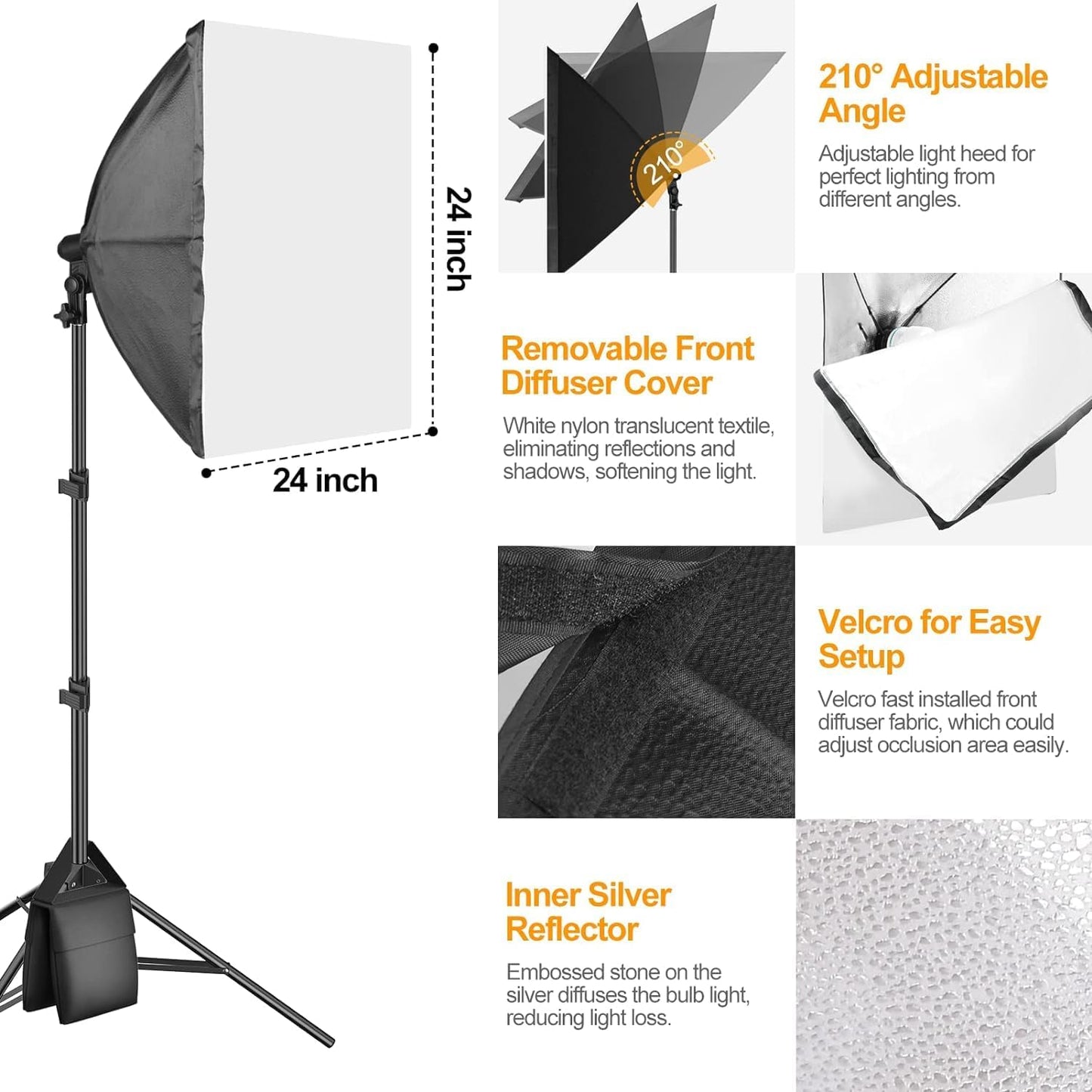 Upgraded Softbox Lighting Kit with Sandbag,24"X24" Softbox Photography Lighting ​With 135W E27 5500K Bulbs, Professional Studio Lights Equipment for Video Recording,Filming,Podcas