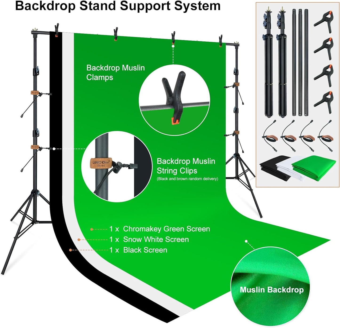 store Photo Video Studio Light Kit AM169 - Including 3 Color Backdrops (Black/White/Green) Background Screen