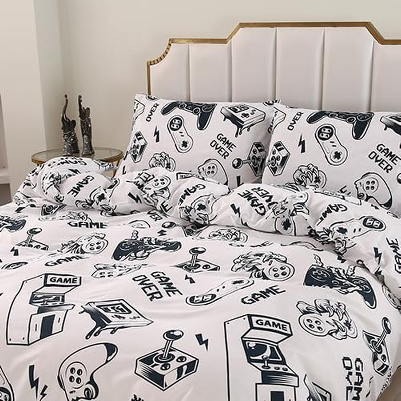 3PCS White Gamer Twin Duvet Cover Set, 1 Duvet Cover and 2 Pillowcases, Gaming Bedding Twin with Corner Ties and Zipper Closure, Kawaii Bedding for Kids Girls and Boys, Twin