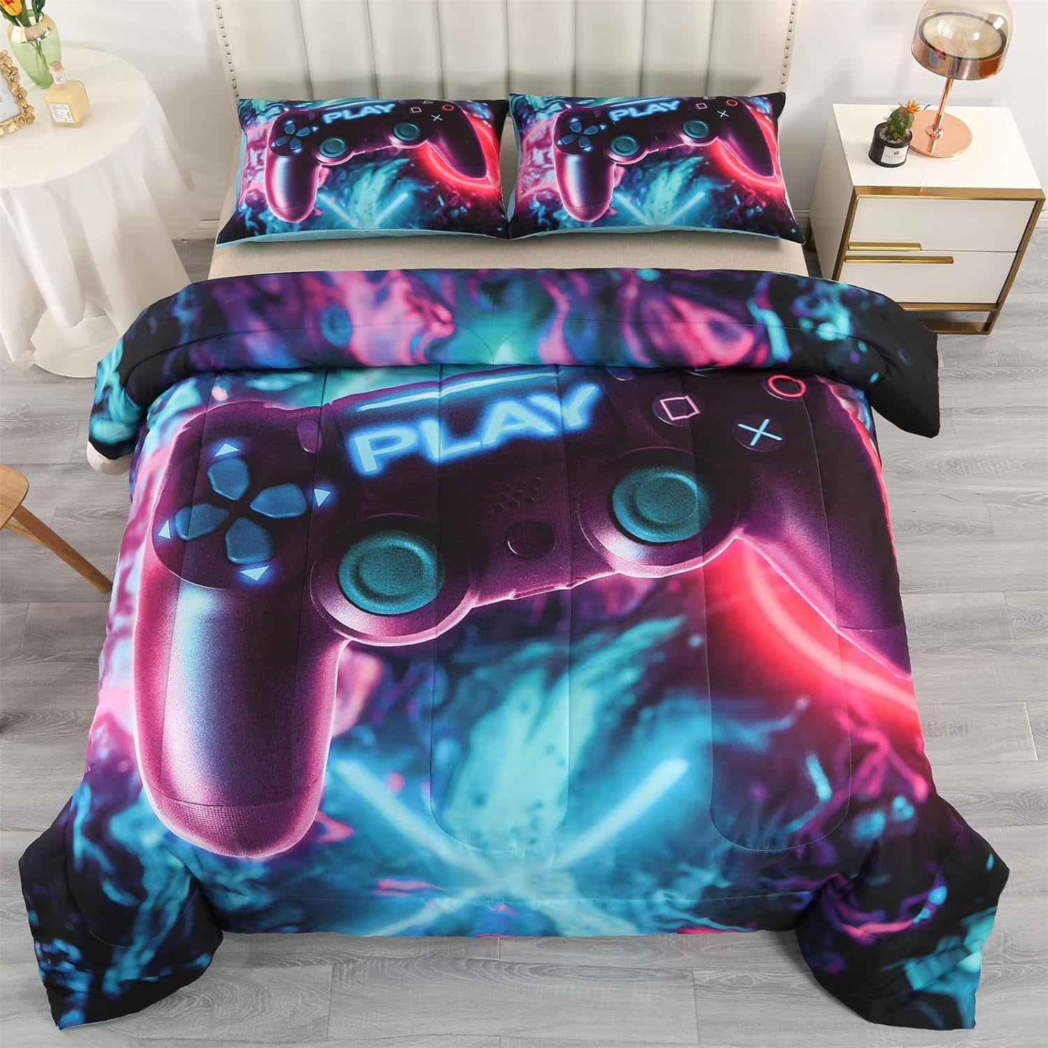 Gaming Bedding Sets Comforter Set Twin for Boys Teens Game Controller Comforter 3 Pieces Blue All Season Comfortable and Breathable with 1 Comforter and 2 Pillowcases