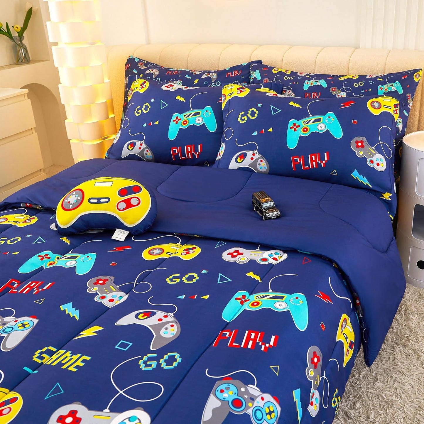 Bed in a Bag for Kids Boys Teens, 6 Pieces Twin Size Comforter Bed Set with Shams, Sheet Set and Decorative Toy Pillow, Games Blue Super Soft Microfiber Kids Comforter Bedding Set