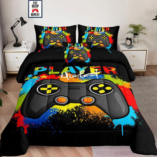 5 Pieces Bed in a Bag for Gaming Bedding Set,Boys Gamer Comforter Set with Flat Sheet,Fitted Sheet,Pillowcases,Cushion Cover,Game Console Pattern Bed Set for Kids Boys Room Decor