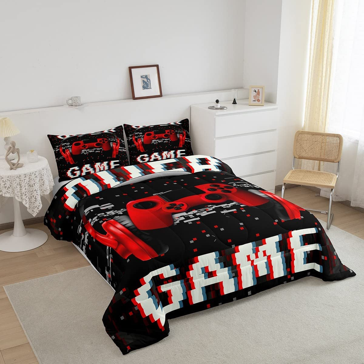 Teens Video Games down Comforter 3D Headset Headphones Gamepad Bedding Set, Kids Boys Music Themed Gamer Comforter/Quilt Set, Gaming Controller Bedspread, Bedroom Decor Twin Size, Red Black