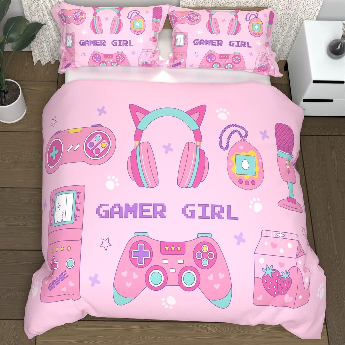 Pink Gamer Girl Comforter Cover Set Twin Size Duvet Cover Set for Girls,3D Gaming Controller Pattern Cat Ear Headphones Print Bedding Set-3 Pieces Bed Cover Set with 2 Pillow Cases