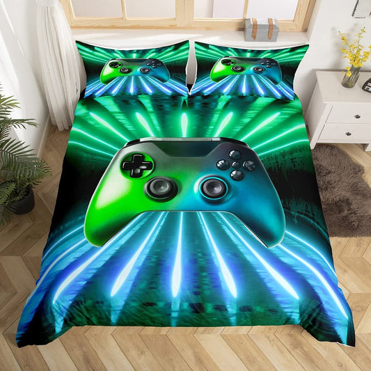 Green Blue Gamepad Bedding Set, Game Player Comforter Cover Full Size Modern Gamer Gaming Duvet Cover Neon Trippy Bedding Set for Kids Boys Girls Teens Young Man Room Decor