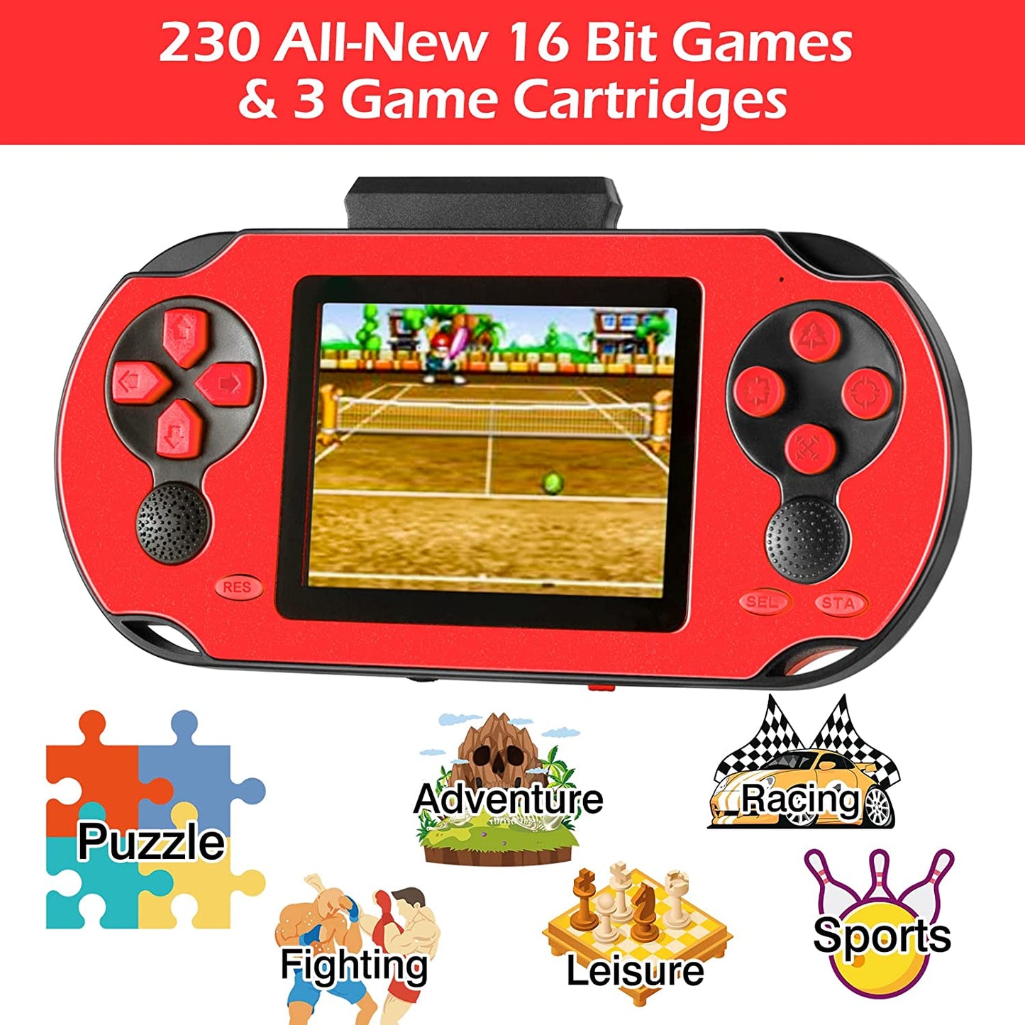 16 Bit Handheld Game Console for Kids Adults, 3.0'' Large Screen Preloaded 230 HD Classic Retro Video Games with USB Rechargeable Battery & 3 Game Cartridges for Birthday Gift for Kids 4-12