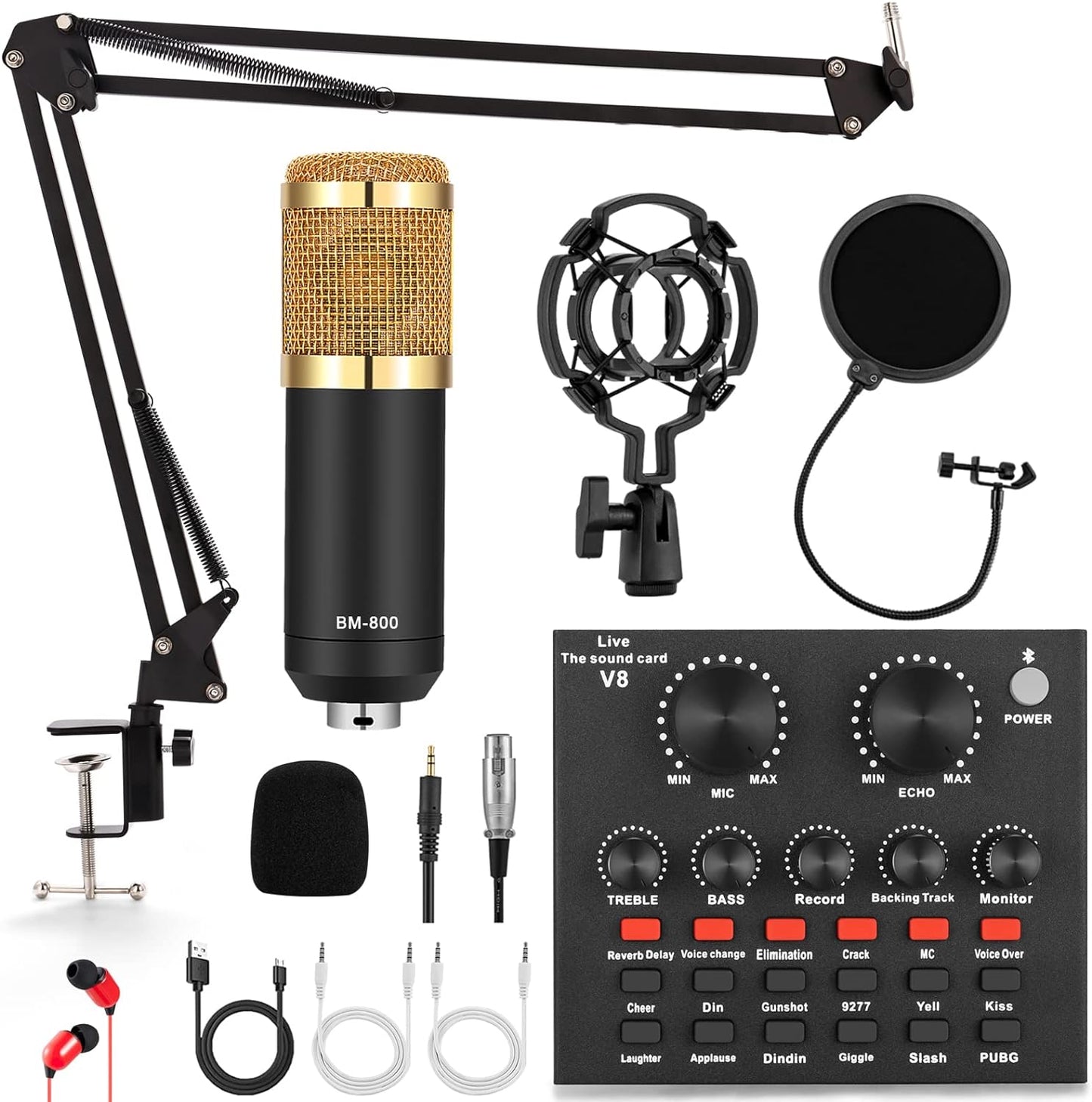 Podcast Equipment Bundle, Audio Interface with All in One Live Sound Card and Condenser Microphone, Perfect for Recording, Broadcasting, Live Streaming (Gold)