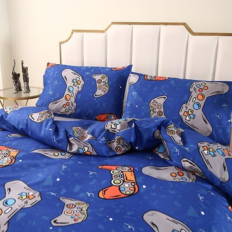 3PCS Blue Gamer Duvet Cover Set Queen, 1 Duvet Cover and 2 Pillowcases, Gaming Bedding with Corner Ties and Zipper Closure, Soft Microfiber, Cute Duvet Cover Set for Kids, Boys and Girls, Queen