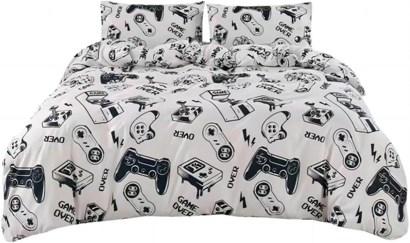 3PCS White Gamer Twin Duvet Cover Set, 1 Duvet Cover and 2 Pillowcases, Gaming Bedding Twin with Corner Ties and Zipper Closure, Kawaii Bedding for Kids Girls and Boys, Twin