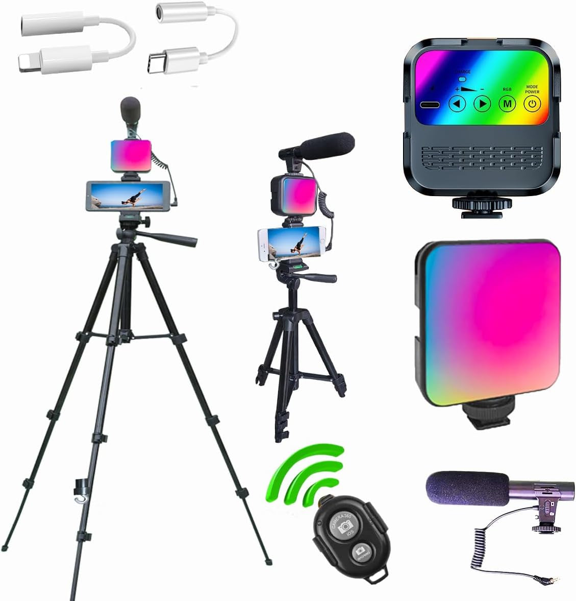 Vlogging Kit for Iphone,Vlogging Kit for Andriod Phone, Youtube Starter Kit with RGB Light Extendable Tripod Microphone Jack Adapter Remote (60 Inch Height)