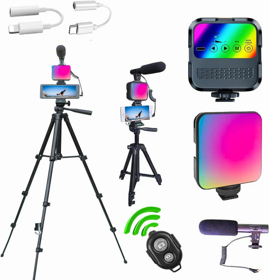 Vlogging Kit for Iphone,Vlogging Kit for Andriod Phone, Youtube Starter Kit with RGB Light Extendable Tripod Microphone Jack Adapter Remote (60 Inch Height)