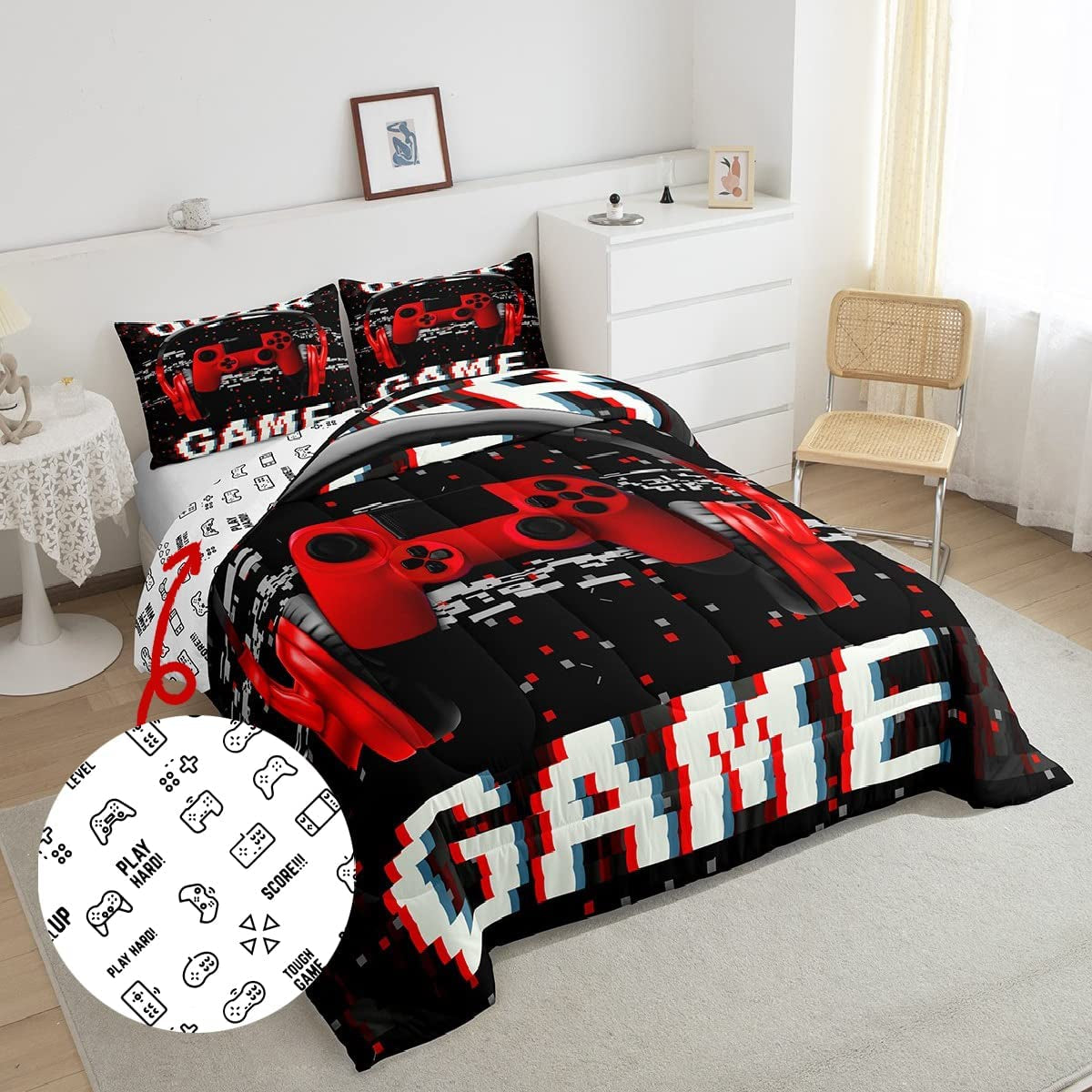 Teens Video Games down Comforter 3D Headset Headphones Gamepad Bedding Set, Kids Boys Music Themed Gamer Comforter/Quilt Set, Gaming Controller Bedspread, Bedroom Decor Twin Size, Red Black