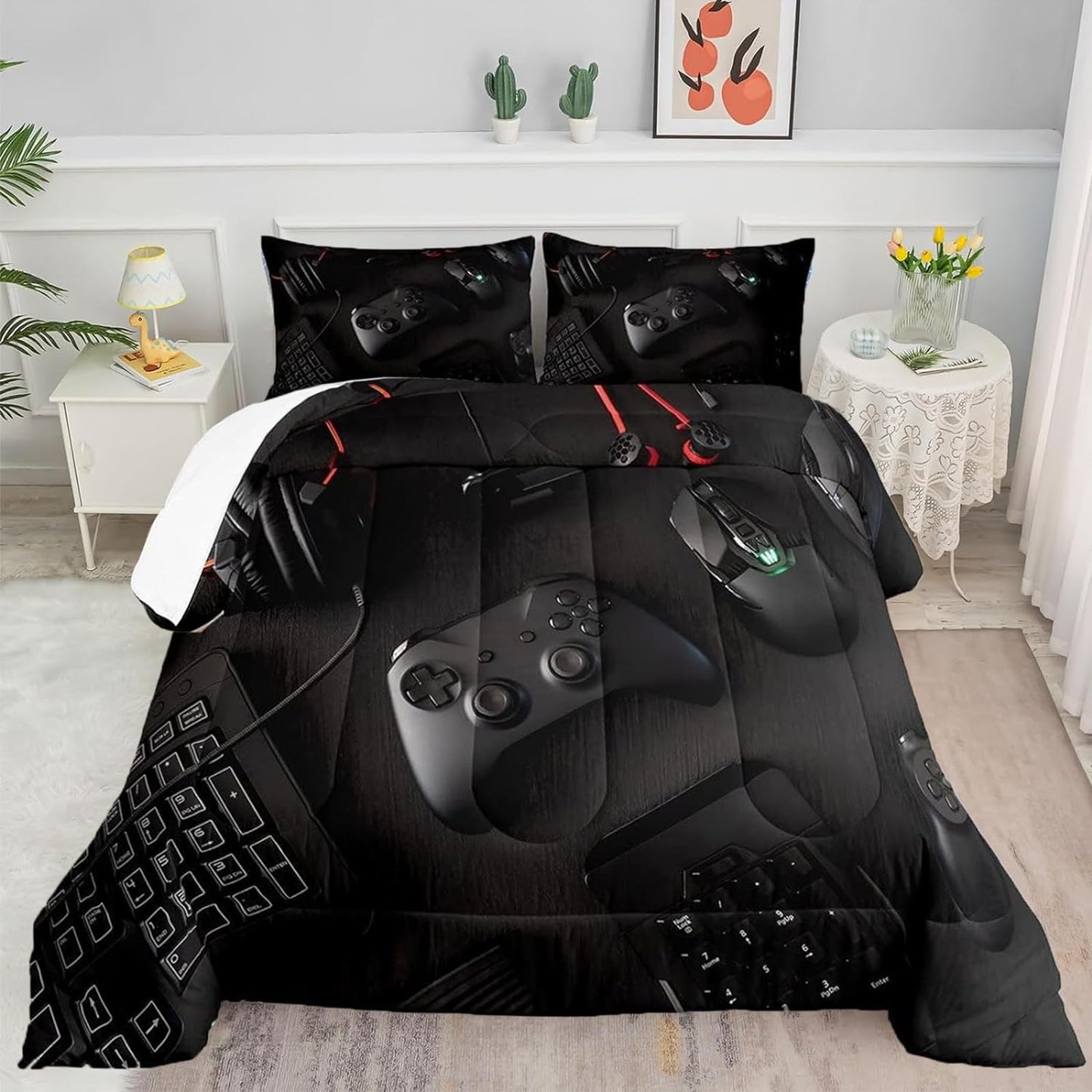 Gamer Comforter Set Twin Size for Boys Kids Teens, 3D Gaming Bedding Set Soft Microfiber Quilts Black with Pillowcase Game Room Decor All Season for Game Lovers