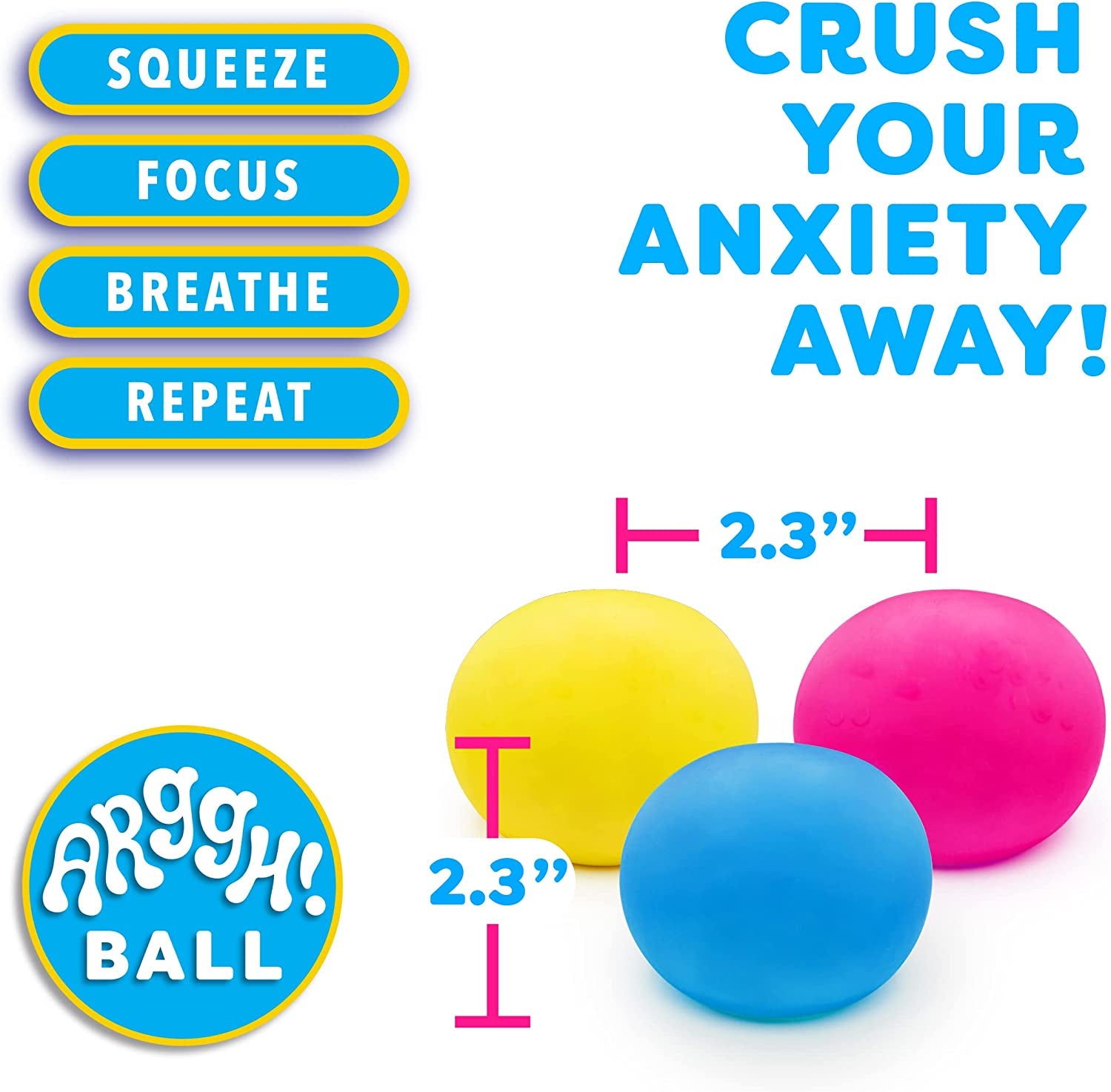 Arggh Mini Stress Balls for Adults and Kids - 3Pk Squishy Stress Balls, Color Changing Resistance Fidget Toys Sensory Stress Anxiety Relief Squeeze Toys Squishy Toy (Yellow, Pink, Blue)