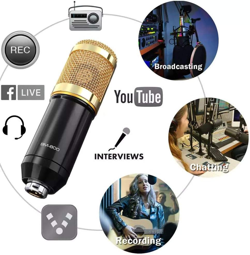 Podcast Equipment Bundle, Audio Interface with All in One Live Sound Card and Condenser Microphone, Perfect for Recording, Broadcasting, Live Streaming (Gold)