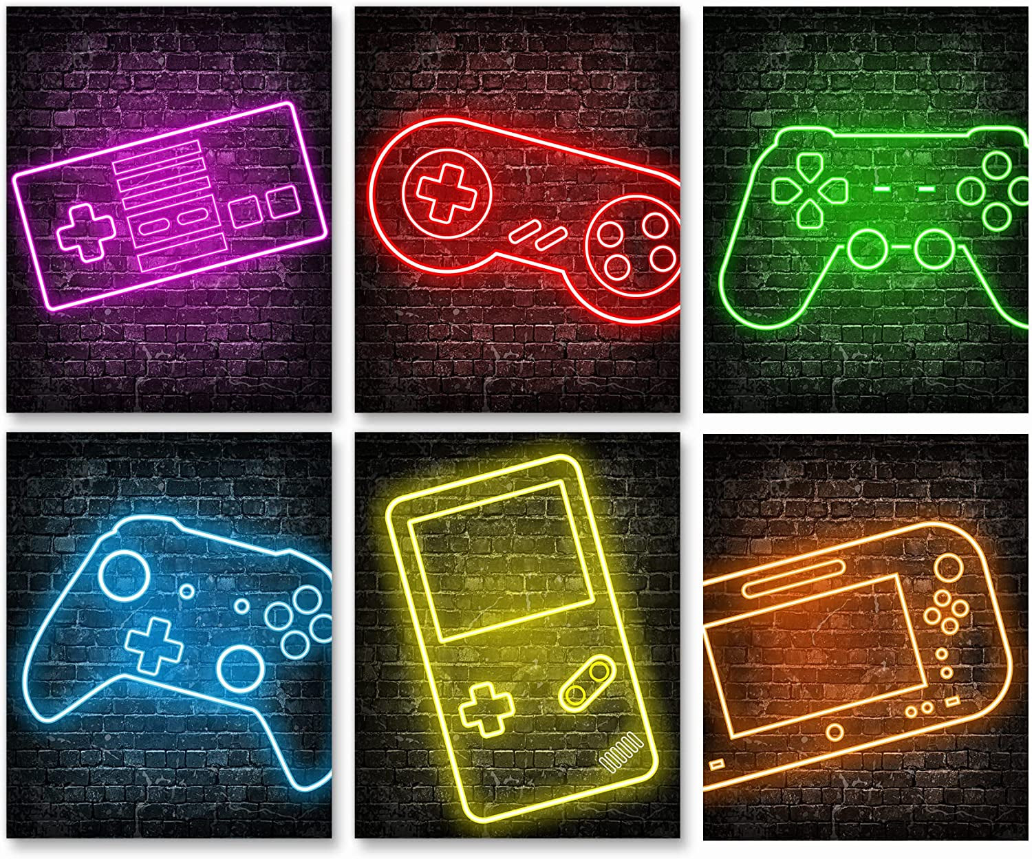 Neon Gaming Posters for Boys Room Decor, Boys Room Decorations for Bedroom, Gamer Wall Art,Gamer, Game Console, Teen Boy Bedroom, Game Room, No Frames Set of 6 (8”X 10”)