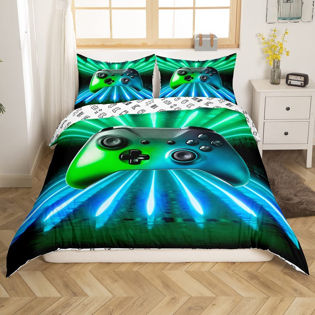 Green Blue Gamepad Bedding Set, Game Player Comforter Cover Full Size Modern Gamer Gaming Duvet Cover Neon Trippy Bedding Set for Kids Boys Girls Teens Young Man Room Decor