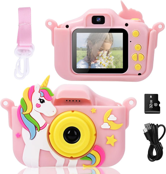 Toddler Girl Toys Age 3-8 Kids Camera Toys for 4 5 6 Girls Children Digital Selfie Camera for Kids with Unicorn Cover Christmas Birthday Gifts for Girls & Boys -32G SD Card