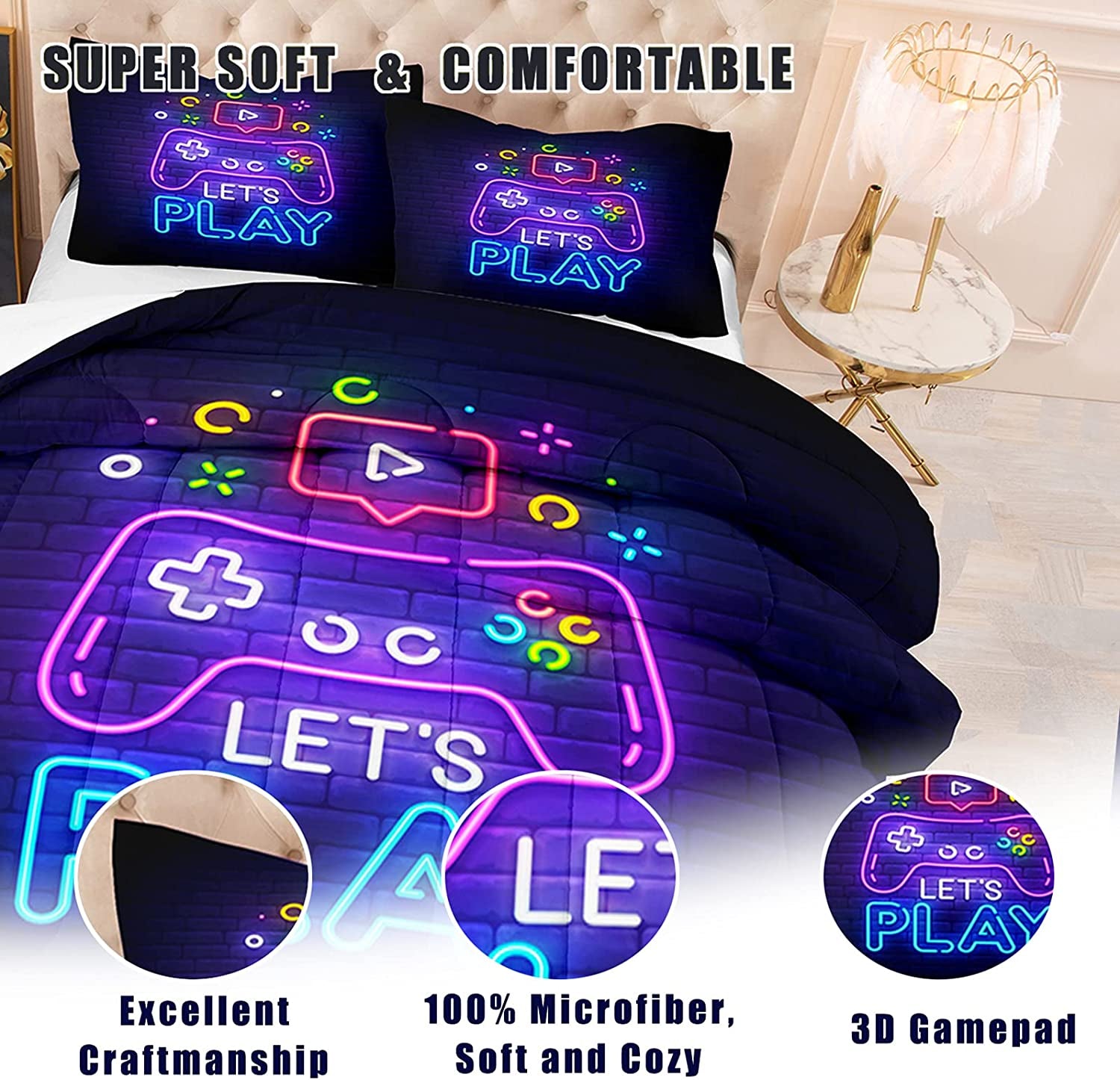 Twin Bedding Sets for Boys,Gaming Comforter Sets for Boys,Kids Gamer Bedding Set for Boys Teens,Games Geometric Lightweight Gamepad Contoller Bed Set with 1 Comforter 1Pillowcase