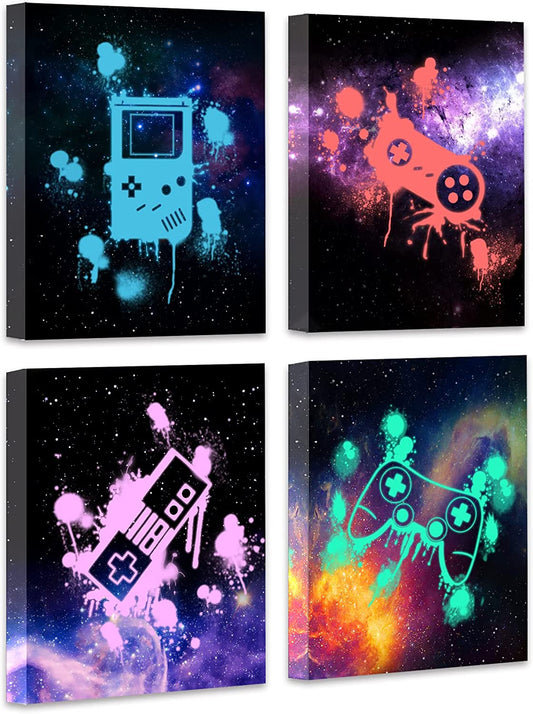 Video Game Wall Art-Galaxy Colorful Framed Wall Decor, Boy'S Room Gamer Room Decor (8''X10''X4Pcs)