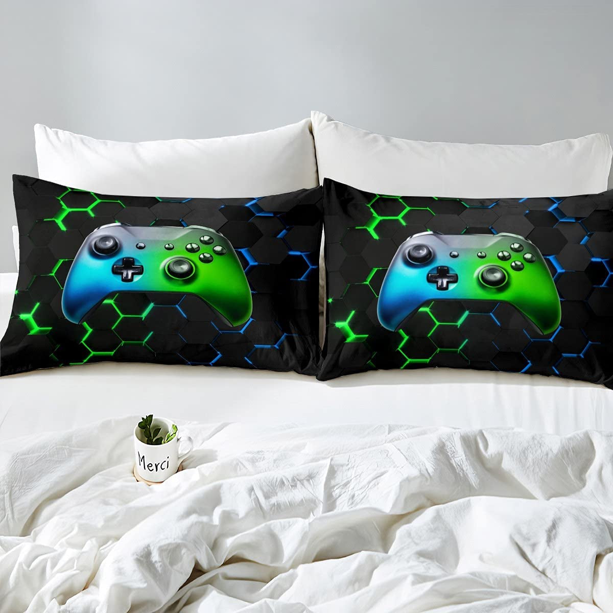 Boys Gamer Soft Reversible Duvet Cover,Kids Gaming Gamepad Bedding Set,Black Modern Geometric Hexagon Quilt Cover Gamer Video Game Controller,Decorative Game Room,Full Size(No Comforter Included)