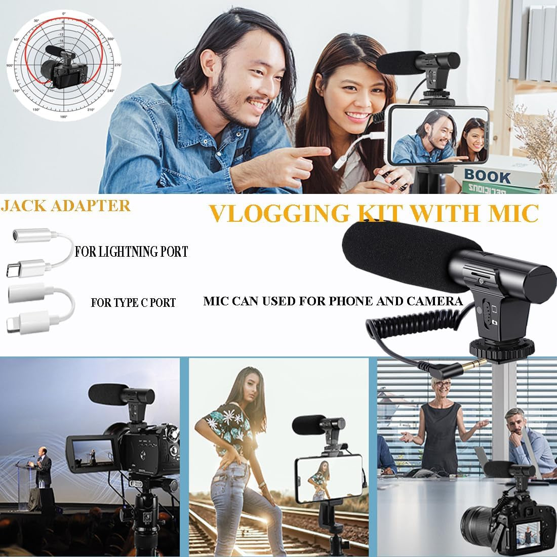 Vlogging Kit for Iphone,Vlogging Kit for Andriod Phone, Youtube Starter Kit with RGB Light Extendable Tripod Microphone Jack Adapter Remote (60 Inch Height)