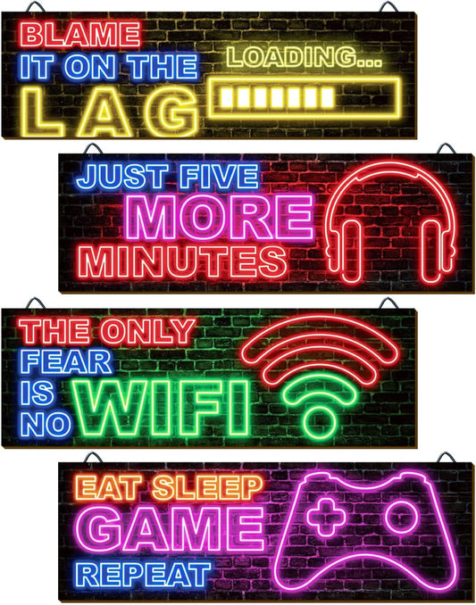 4 Pcs Neon Gaming Decor for Boys Room Wooden Video Game Wall Art Motivational Quote Gamer Hanging Plaques Inspirational Wall Decor for Boys Kids Room Bedroom Playroom Decorations