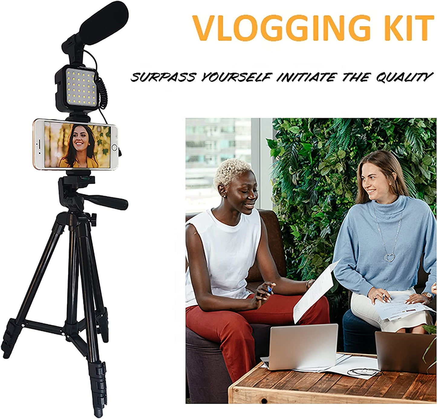 Smartphone Video Kit, Vlogging Kit, Youtuber Kit, with Microphone Light Tripod 50" Extendable Phone Clip Remote Control Compatible with Iphone/Smartphone/Cameras